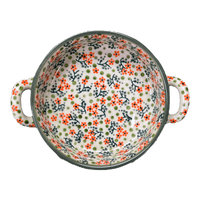 A picture of a Polish Pottery Small Round Casserole (Peach Blossoms) | Z153S-AS46 as shown at PolishPotteryOutlet.com/products/small-round-casserole-w-handles-peach-blossoms-z153s-as46