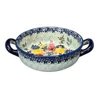 A picture of a Polish Pottery Small Round Casserole (Garden Party) | Z153S-BUK1 as shown at PolishPotteryOutlet.com/products/small-round-casserole-w-handles-garden-party-z153s-buk1