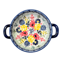 A picture of a Polish Pottery Small Round Casserole (Garden Party) | Z153S-BUK1 as shown at PolishPotteryOutlet.com/products/small-round-casserole-w-handles-garden-party-z153s-buk1