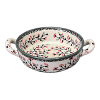 A picture of a Polish Pottery Small Round Casserole (Cherry Blossom) | Z153S-DPGJ as shown at PolishPotteryOutlet.com/products/small-round-casserole-w-handles-cherry-blossom-z153s-dpgj