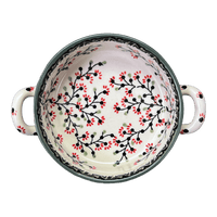 A picture of a Polish Pottery Small Round Casserole (Cherry Blossom) | Z153S-DPGJ as shown at PolishPotteryOutlet.com/products/small-round-casserole-w-handles-cherry-blossom-z153s-dpgj