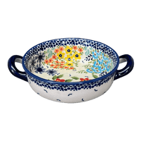 A picture of a Polish Pottery Small Round Casserole (Brilliant Garden) | Z153S-DPLW as shown at PolishPotteryOutlet.com/products/small-round-casserole-w-handles-brilliant-garden-z153s-dplw