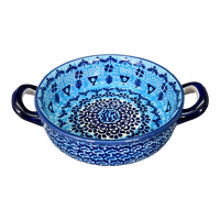 A picture of a Polish Pottery Small Round Casserole (Alpine Blues) | Z153S-DSN as shown at PolishPotteryOutlet.com/products/small-round-casserole-w-handles-dsn-z153s-dsn