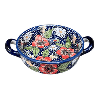 A picture of a Polish Pottery Small Round Casserole W/Handles (Poppies & Posies) | Z153S-IM02 as shown at PolishPotteryOutlet.com/products/small-round-casserole-w-handles-poppies-posies-z153s-im02