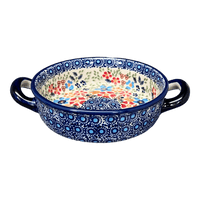 A picture of a Polish Pottery Small Round Casserole (Festive Flowers) | Z153S-IZ16 as shown at PolishPotteryOutlet.com/products/small-round-casserole-w-handles-festive-flowers-z153s-iz16