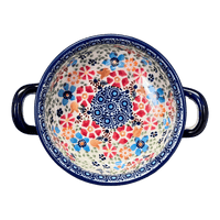 A picture of a Polish Pottery Small Round Casserole (Festive Flowers) | Z153S-IZ16 as shown at PolishPotteryOutlet.com/products/small-round-casserole-w-handles-festive-flowers-z153s-iz16