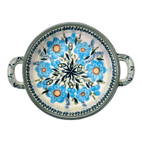 A picture of a Polish Pottery Small Round Casserole (Baby Blue Blossoms) | Z153S-JS49 as shown at PolishPotteryOutlet.com/products/small-round-casserole-w-handles-baby-blue-blossoms-z153s-js49