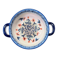 A picture of a Polish Pottery Small Round Casserole (Hummingbird Harvest) | Z153S-JZ35 as shown at PolishPotteryOutlet.com/products/small-round-casserole-w-handles-hummingbird-harvest-z153s-jz35