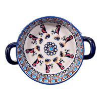 A picture of a Polish Pottery Small Round Casserole W/Handles (Ptak Parade) | Z153S-KLP as shown at PolishPotteryOutlet.com/products/small-round-casserole-w-handles-klp-z153s-klp