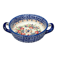 A picture of a Polish Pottery Small Round Casserole W/Handles (Poppy Persuasion) | Z153S-P265 as shown at PolishPotteryOutlet.com/products/small-round-casserole-w-handles-poppy-persuasion-z153s-p265