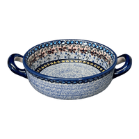 A picture of a Polish Pottery Small Round Casserole (Lilac Fields) | Z153S-WK75 as shown at PolishPotteryOutlet.com/products/small-round-casserole-w-handles-lilac-fields-z153s-wk75