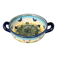 A picture of a Polish Pottery Small Round Casserole (Butterflies in Flight) | Z153S-WKM as shown at PolishPotteryOutlet.com/products/small-round-casserole-w-handles-butterflies-in-flight-z153s-wkm