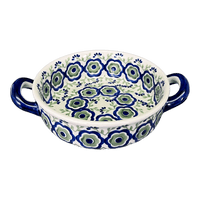 A picture of a Polish Pottery Small Round Casserole W/Handles (Green Tea Garden) | Z153T-14 as shown at PolishPotteryOutlet.com/products/small-round-casserole-w-handles-green-tea-garden-z153t-14