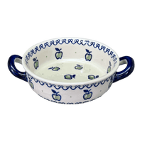 A picture of a Polish Pottery Small Round Casserole W/Handles (Green Apple) | Z153T-15 as shown at PolishPotteryOutlet.com/products/small-round-casserole-w-handles-green-apple-z153t-15