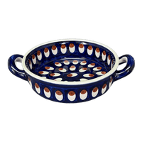 A picture of a Polish Pottery Small Round Casserole (Pheasant Feathers) | Z153T-52 as shown at PolishPotteryOutlet.com/products/small-round-casserole-w-handles-pheasant-feathers-z153t-52