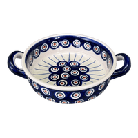 A picture of a Polish Pottery Small Round Casserole (Peacock in Line) | Z153T-54A as shown at PolishPotteryOutlet.com/products/small-round-casserole-w-handles-peacock-in-line-z153t-54a