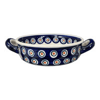 A picture of a Polish Pottery Small Round Casserole (Peacock in Line) | Z153T-54A as shown at PolishPotteryOutlet.com/products/small-round-casserole-w-handles-peacock-in-line-z153t-54a