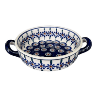 A picture of a Polish Pottery Small Round Casserole (Floral Peacock) | Z153T-54KK as shown at PolishPotteryOutlet.com/products/small-round-casserole-w-handles-floral-peacock-z153t-54kk