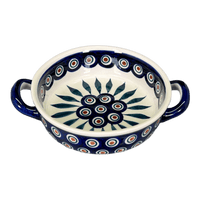 A picture of a Polish Pottery Small Round Casserole (Peacock) | Z153T-54 as shown at PolishPotteryOutlet.com/products/small-round-casserole-w-handles-peacock-z153t-54