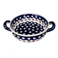 A picture of a Polish Pottery Small Round Casserole (Mosquito) | Z153T-70 as shown at PolishPotteryOutlet.com/products/small-round-casserole-w-handles-mosquito-z153t-70