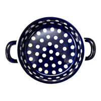A picture of a Polish Pottery Small Round Casserole (Hello Dotty) | Z153T-9 as shown at PolishPotteryOutlet.com/products/small-round-casserole-w-handles-hello-dotty-z153t-9