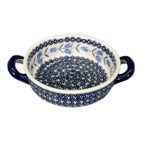 A picture of a Polish Pottery Small Round Casserole (Lily of the Valley) | Z153T-ASD as shown at PolishPotteryOutlet.com/products/small-round-casserole-w-handles-lily-of-the-valley-z153t-asd