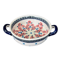 A picture of a Polish Pottery Small Round Casserole (Floral Symmetry) | Z153T-DH18 as shown at PolishPotteryOutlet.com/products/small-round-casserole-w-handles-floral-symmetry-z153t-dh18