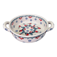A picture of a Polish Pottery Small Round Casserole (Red Bird) | Z153T-GILE as shown at PolishPotteryOutlet.com/products/small-round-casserole-w-handles-red-bird-z153t-gile