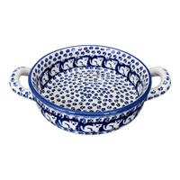 A picture of a Polish Pottery Small Round Casserole (Kitty Cat Path) | Z153T-KOT6 as shown at PolishPotteryOutlet.com/products/small-round-casserole-w-handles-kitty-cat-path-z153t-kot6
