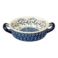 A picture of a Polish Pottery Small Round Casserole (Baby Blue Eyes) | Z153T-MC19 as shown at PolishPotteryOutlet.com/products/small-round-casserole-w-handles-baby-blue-eyes-z153t-mc19