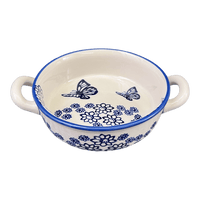 A picture of a Polish Pottery Small Round Casserole (Butterfly Garden) | Z153T-MOT1 as shown at PolishPotteryOutlet.com/products/small-round-casserole-w-handles-butterfly-garden-z153t-mot1