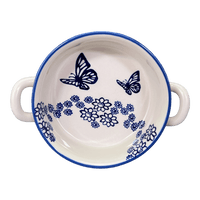 A picture of a Polish Pottery Small Round Casserole (Butterfly Garden) | Z153T-MOT1 as shown at PolishPotteryOutlet.com/products/small-round-casserole-w-handles-butterfly-garden-z153t-mot1