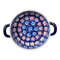 A picture of a Polish Pottery Small Round Casserole (Daisy Circle) | Z153T-MS01 as shown at PolishPotteryOutlet.com/products/small-round-casserole-w-handles-ms01-z153t-ms01