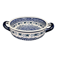 A picture of a Polish Pottery Small Round Casserole (Butterfly Border) | Z153T-P249 as shown at PolishPotteryOutlet.com/products/small-round-casserole-w-handles-butterfly-border-z153t-p249