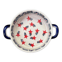 A picture of a Polish Pottery Small Round Casserole (Evergreen Stars) | Z153T-PZGG as shown at PolishPotteryOutlet.com/products/small-round-casserole-w-handles-evergreen-stars-z153t-pzgg
