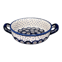 A picture of a Polish Pottery Small Round Casserole W/Handles (Peacock Dot) | Z153U-54K as shown at PolishPotteryOutlet.com/products/small-round-casserole-w-handles-peacock-dot-z153u-54k