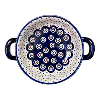 A picture of a Polish Pottery Small Round Casserole W/Handles (Peacock Dot) | Z153U-54K as shown at PolishPotteryOutlet.com/products/small-round-casserole-w-handles-peacock-dot-z153u-54k