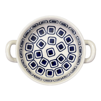 A picture of a Polish Pottery Small Round Casserole (Navy Retro) | Z153U-601A as shown at PolishPotteryOutlet.com/products/small-round-casserole-w-handles-navy-retro-z153u-601a