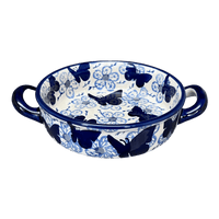 A picture of a Polish Pottery Small Round Casserole (Blue Butterfly) | Z153U-AS58 as shown at PolishPotteryOutlet.com/products/small-round-casserole-w-handles-blue-butterfly-z153u-as58