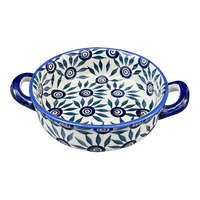 A picture of a Polish Pottery Small Round Casserole (Peacock Parade) | Z153U-AS60 as shown at PolishPotteryOutlet.com/products/small-round-casserole-w-handles-peacock-parade-z153u-as60