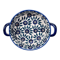 A picture of a Polish Pottery Small Round Casserole (Peacock Parade) | Z153U-AS60 as shown at PolishPotteryOutlet.com/products/small-round-casserole-w-handles-peacock-parade-z153u-as60