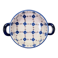 A picture of a Polish Pottery Small Round Casserole (Diamond Quilt) | Z153U-AS67 as shown at PolishPotteryOutlet.com/products/small-round-casserole-w-handles-diamond-quilt-z153u-as67