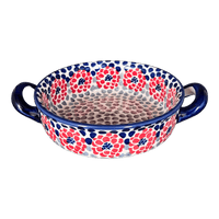 A picture of a Polish Pottery Small Round Casserole (Falling Petals) | Z153U-AS72 as shown at PolishPotteryOutlet.com/products/small-round-casserole-w-handles-falling-petals-z153u-as72