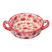 A picture of a Polish Pottery Small Round Casserole (Scarlet Daisy) | Z153U-AS73 as shown at PolishPotteryOutlet.com/products/small-round-casserole-w-handles-scarlet-daisy-z153u-as73