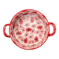 A picture of a Polish Pottery Small Round Casserole (Scarlet Daisy) | Z153U-AS73 as shown at PolishPotteryOutlet.com/products/small-round-casserole-w-handles-scarlet-daisy-z153u-as73