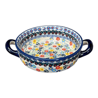 A picture of a Polish Pottery Small Round Casserole (Floral Swirl) | Z153U-BL01 as shown at PolishPotteryOutlet.com/products/small-round-casserole-w-handles-floral-swirl-z153u-bl01