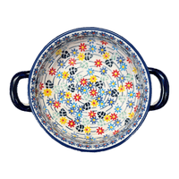 A picture of a Polish Pottery Small Round Casserole (Floral Swirl) | Z153U-BL01 as shown at PolishPotteryOutlet.com/products/small-round-casserole-w-handles-floral-swirl-z153u-bl01