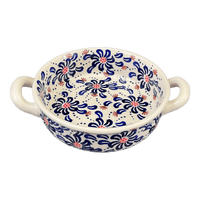 A picture of a Polish Pottery Small Round Casserole (Floral Fireworks) | Z153U-BSAS as shown at PolishPotteryOutlet.com/products/small-round-casserole-w-handles-floral-fireworks-z153u-bsas