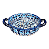 A picture of a Polish Pottery Small Round Casserole (Blue Diamond) | Z153U-DHR as shown at PolishPotteryOutlet.com/products/small-round-casserole-w-handles-blue-diamond-z153u-dhr