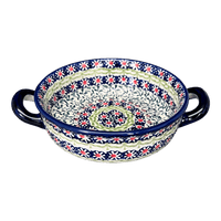 A picture of a Polish Pottery Small Round Casserole (Daisy Rings) | Z153U-GP13 as shown at PolishPotteryOutlet.com/products/small-round-casserole-w-handles-daisy-rings-z153u-gp13